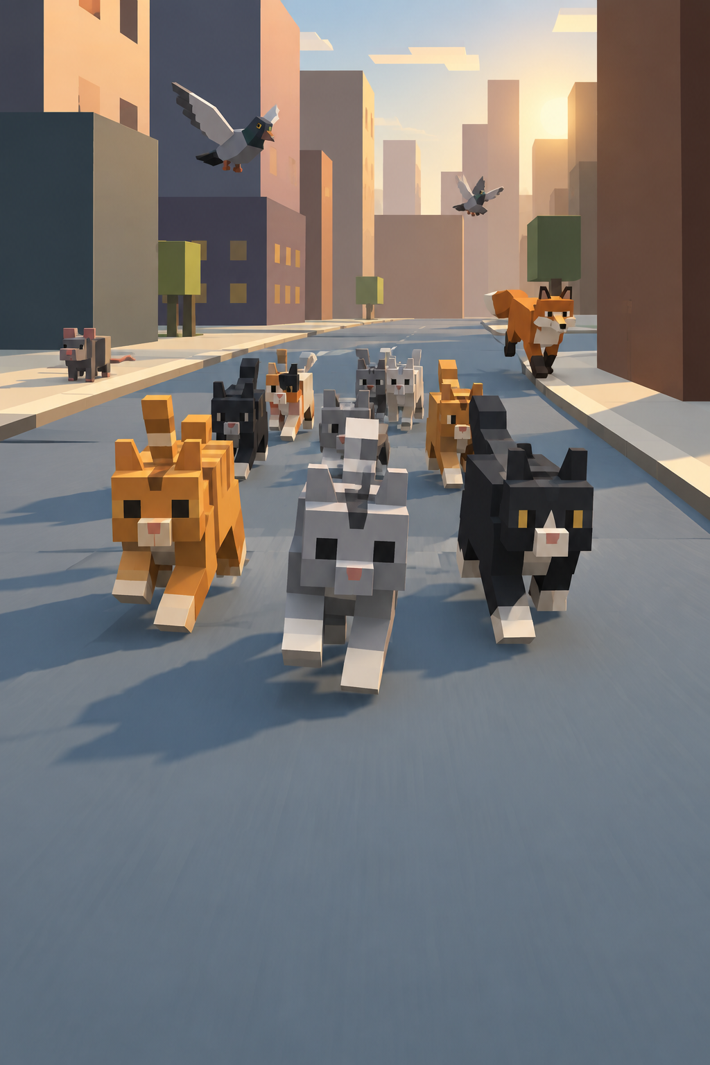 Cat Herder game scene with cats racing through a city