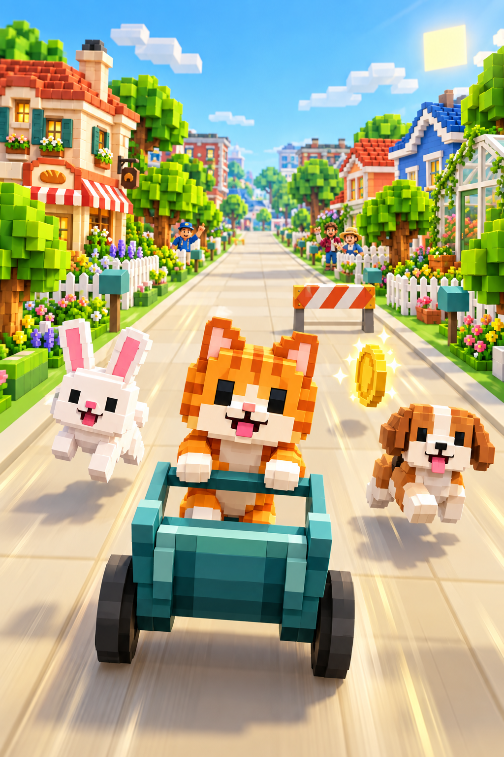 Critter Carts game scene with an orange cat driving through a neighborhood